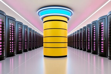 Aufkleber - High-tech server room with neon pink and blue lights, featuring glowing database towers and a sleek digital ambiance Realistic 3D vector illustration