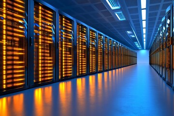 Aufkleber - Modern datacenter filled with illuminated servers, showcasing cloud storage and database management, drawn in a clean vector cartoon illustration