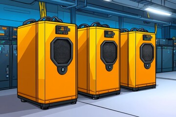 Fototapete - Modern server room with interconnected digital systems, cloud-based storage units, and cryptocurrency mining rigs, visualized in a contemporary vector cartoon design