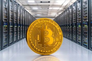 Fototapete - Modern server room with interconnected digital systems, cloud-based storage units, and cryptocurrency mining rigs, visualized in a contemporary vector cartoon design