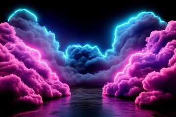 Poster - Neon-lit clouds glowing vibrantly in a futuristic cyberpunk sky, with faint holographic patterns floating within them