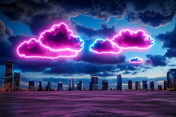 Poster - Neon-lit clouds glowing vibrantly in a futuristic cyberpunk sky, with faint holographic patterns floating within them