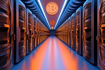 Poster - Server room featuring high-tech data racks and mining equipment, emphasizing blockchain technology and cryptocurrency platforms in a vibrant cartoon design