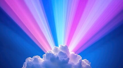 Wall Mural - Vibrant rays of colored light burst from a fluffy cloud in a scenic sky.