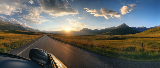 Poster - Sunset drive through mountainous landscape showcasing expansive fields and dramatic skies
