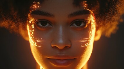 Poster - A 3D AI chatbot face illuminated by futuristic data streams, integrated with a powerful CPU