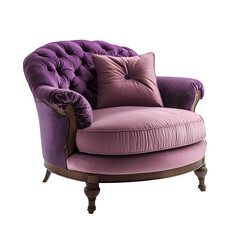 Poster - Elegant purple armchair with coordinating cushion and round wooden base, set against a transparent background, ideal for interior design concepts