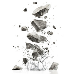 Poster - Powerful destruction in motion: shattered rocks soaring through the sky against a pristine backdrop