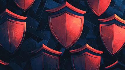 Poster - Digital Illustration of Protective Shields in Bold Red Against a Dark Geometric Background