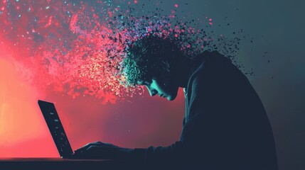 Poster - Emotional and Dramatic Visual Depiction of Overwhelmed Individual Engaged with Laptop