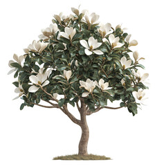 Poster - Magnolia tree with white blossoms and vibrant green foliage, set against a transparent background, ideal for architectural renderings and landscape planning