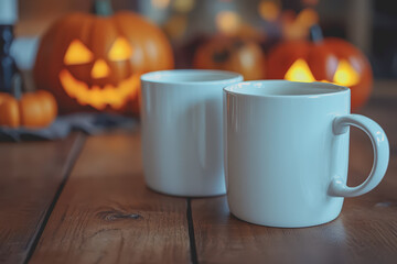 Closeup of two white coffee mugs sitting next to each other, the background is Halloween-themed.