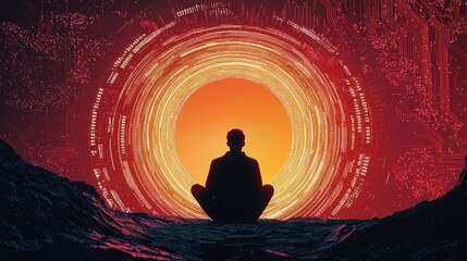 Poster - Symbolic Representation of Online Security in Digital Spaces with Person Meditating at Sunset