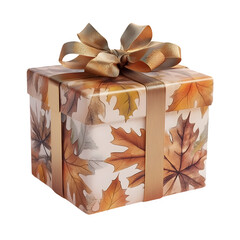 Poster - Autumn-themed closed gift box adorned with festive leaves and a golden ribbon, ideal for thanksgiving or fall festivities, isolated on transparent background