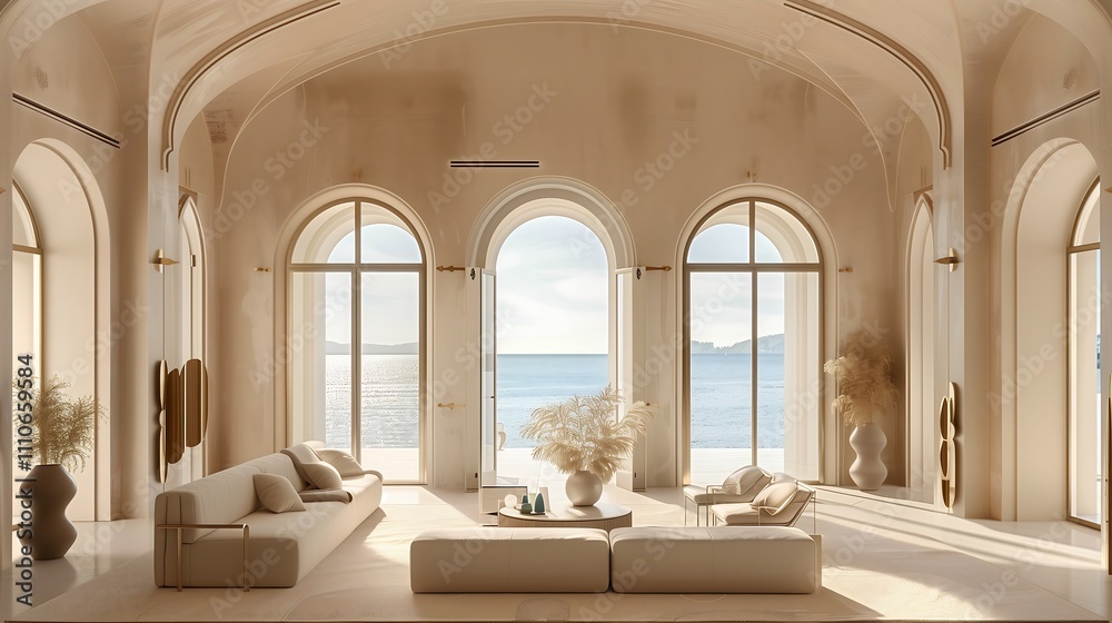 View of Elegant living room interior design featuring vaulted ceilings, soft ...
