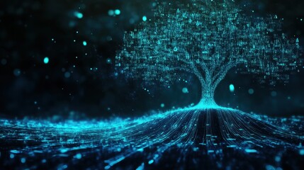 Poster - Glowing lines of data converging into a tree, illustrating the organic growth of an internet startup.