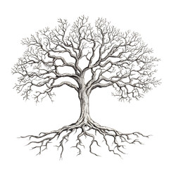 Poster - Detailed illustration of a bare tree with a complex root structure, set against a transparent background, ideal for nature-inspired projects