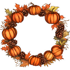 Poster - Circular frame with hand-drawn pumpkins, pine cones, and autumn leaves, ideal for creating fall-themed designs with a transparent background
