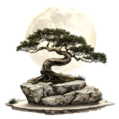 Poster - Bonsai tree on a rock with a full moon in the background, isolated on a transparent backdrop
