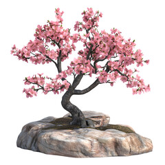 Poster - 3d render of a stunning cherry blossom bonsai tree in full bloom, growing on a rock, with a transparent background