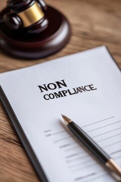 A white document with the word NON COMPLIANCE written on it, next to an office gavel and pen. The background is wooden.