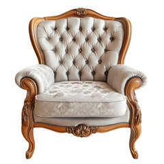 Aufkleber - Elegant armchair with intricate wooden detailing, tufted backrest, and plush upholstery, set against a transparent background