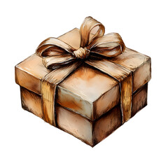 Poster - Hand-drawn watercolor illustration of a wrapped gift box with a ribbon and bow, set against a transparent background