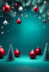 Wall Mural - A festive Christmas image featuring teal background, red and silver ornaments hanging from stylized pine branches with red bows. Minimalist, elegant design