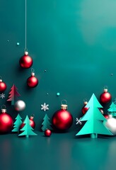 Wall Mural - A festive Christmas image featuring teal background, red and silver ornaments hanging from stylized pine branches with red bows. Minimalist, elegant design