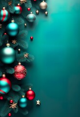 Wall Mural - A festive Christmas image featuring teal background, red and silver ornaments hanging from stylized pine branches with red bows. Minimalist, elegant design