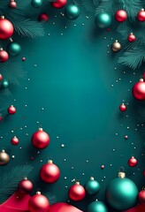 Wall Mural - A festive Christmas image featuring teal background, red and silver ornaments hanging from stylized pine branches with red bows. Minimalist, elegant design