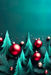 Wall Mural - A festive Christmas image featuring teal background, red and silver ornaments hanging from stylized pine branches with red bows. Minimalist, elegant design