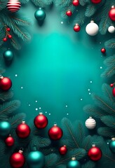 Wall Mural - A festive Christmas image featuring teal background, red and silver ornaments hanging from stylized pine branches with red bows. Minimalist, elegant design