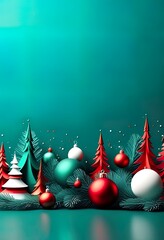 Wall Mural - A festive Christmas image featuring teal background, red and silver ornaments hanging from stylized pine branches with red bows. Minimalist, elegant design