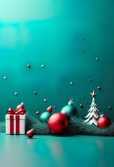 Wall Mural - A festive Christmas image featuring teal background, red and silver ornaments hanging from stylized pine branches with red bows. Minimalist, elegant design