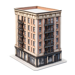 Poster - Vintage brick apartment building with fire escapes in isometric view, highlighting classic urban architecture on a clear background