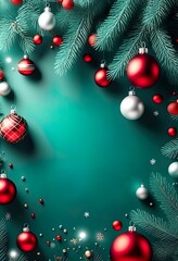 Wall Mural - A festive Christmas image featuring teal background, red and silver ornaments hanging from stylized pine branches with red bows. Minimalist, elegant design