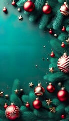 Wall Mural - A festive Christmas image featuring teal background, red and silver ornaments hanging from stylized pine branches with red bows. Minimalist, elegant design