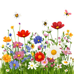 Poster - Wildflower meadow with colorful blossoms, green grass, flying bees and ladybug on transparent background, creating a vibrant natural scene