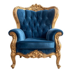Poster - Elegant blue velvet armchair with gold frame, isolated on transparent background, providing luxurious comfort