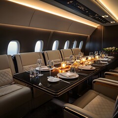 Poster - Private jet dining area with plush seating, sleek table design, and ambient lighting for a high-end in-flight experience.