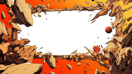 Aufkleber - Dynamic manga style frame with rocks and debris exploding outward, creating intense and energetic border. vibrant orange and red background enhances dramatic effect, perfect for action themed