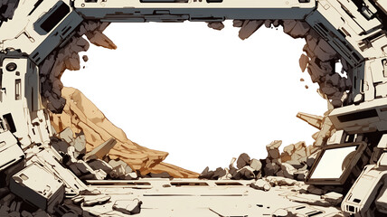 Poster - futuristic, damaged space station corridor with view of rocky landscape beyond, evoking sense of adventure and mystery