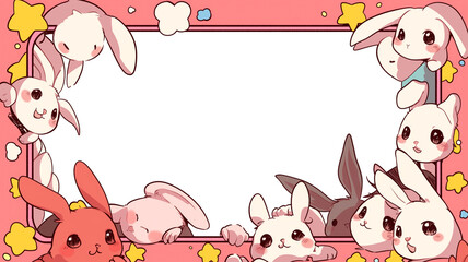 Poster - Cute bunny themed manga photo frame with stars and clouds on pink background, perfect for adding playful touch to your photos