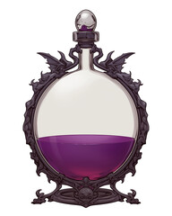 Poster - mystical potion bottle with purple liquid inside, encased in ornate frame with dragon motifs, isolated on white background. design evokes sense of magic and fantasy
