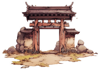 Poster - Ancient wooden temple gate with weathered details and stone path, evoking sense of history and tranquility