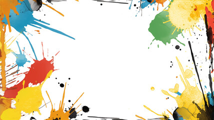 Aufkleber - Colorful paint splatter frame with vibrant splashes on white background, creating dynamic and artistic border. Perfect for creative projects and lively designs