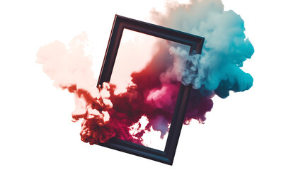 Aufkleber - vibrant explosion of colorful smoke emerges from photo frame, creating dynamic and surreal visual effect. blend of red, orange, and blue hues adds sense of energy and creativity