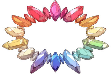 Poster - Colorful crystal frame with vibrant gemstones arranged in circular pattern, isolated on white background, creating dazzling and artistic display