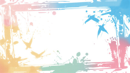 Poster - Colorful holographic photo frame with abstract bird and splash design, isolated on white background. vibrant pastel colors create dynamic and artistic effect